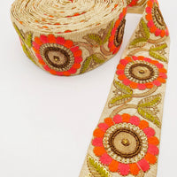 Thumbnail for Beige Art Silk Lace Trim, Floral Embroidery in Green, Pink and Orange