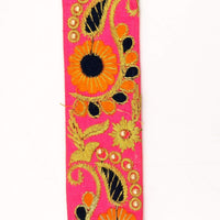 Thumbnail for Pink Art Silk Lace Trim, Floral Embroidery in Orange, Black and Gold