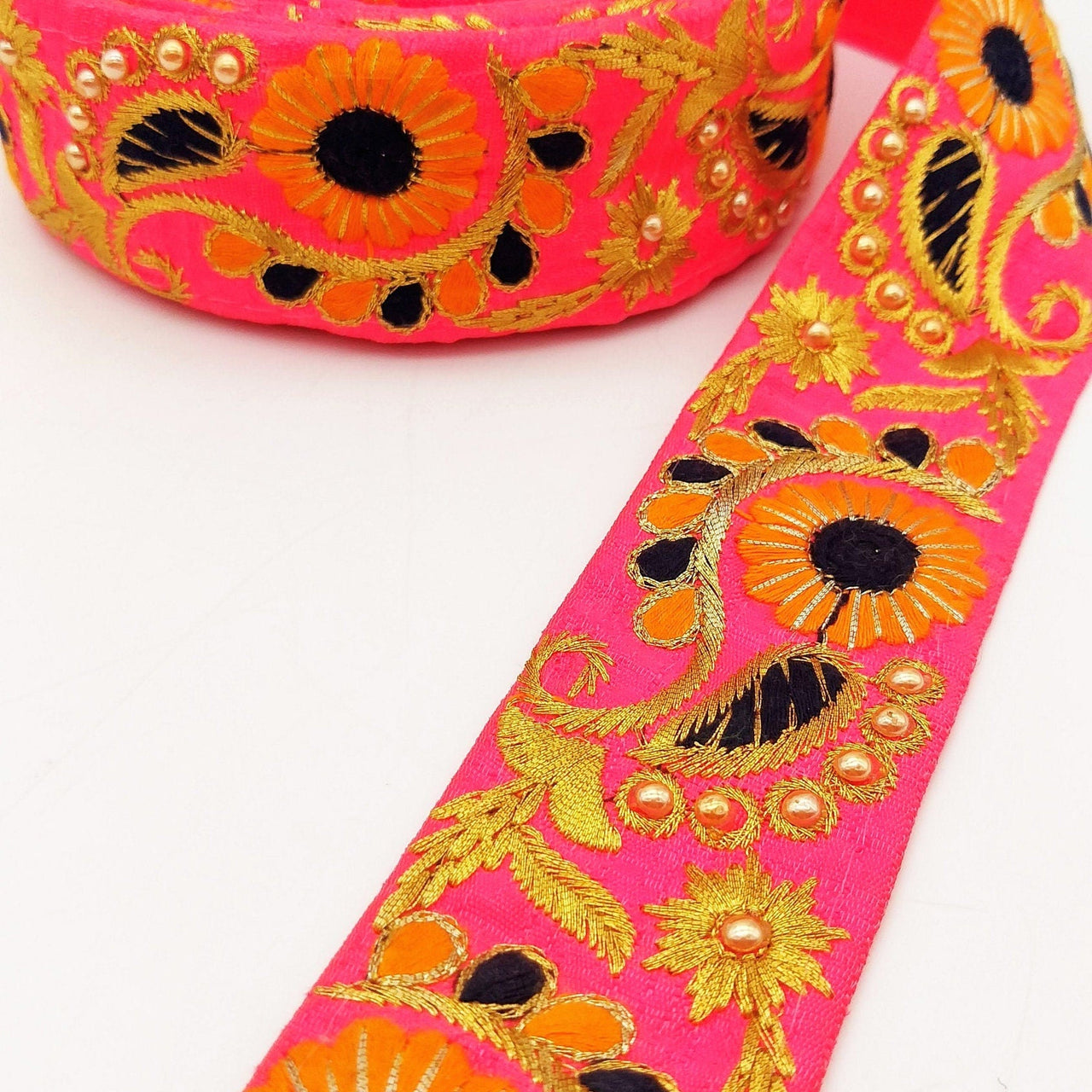 Pink Art Silk Lace Trim, Floral Embroidery in Orange, Black and Gold