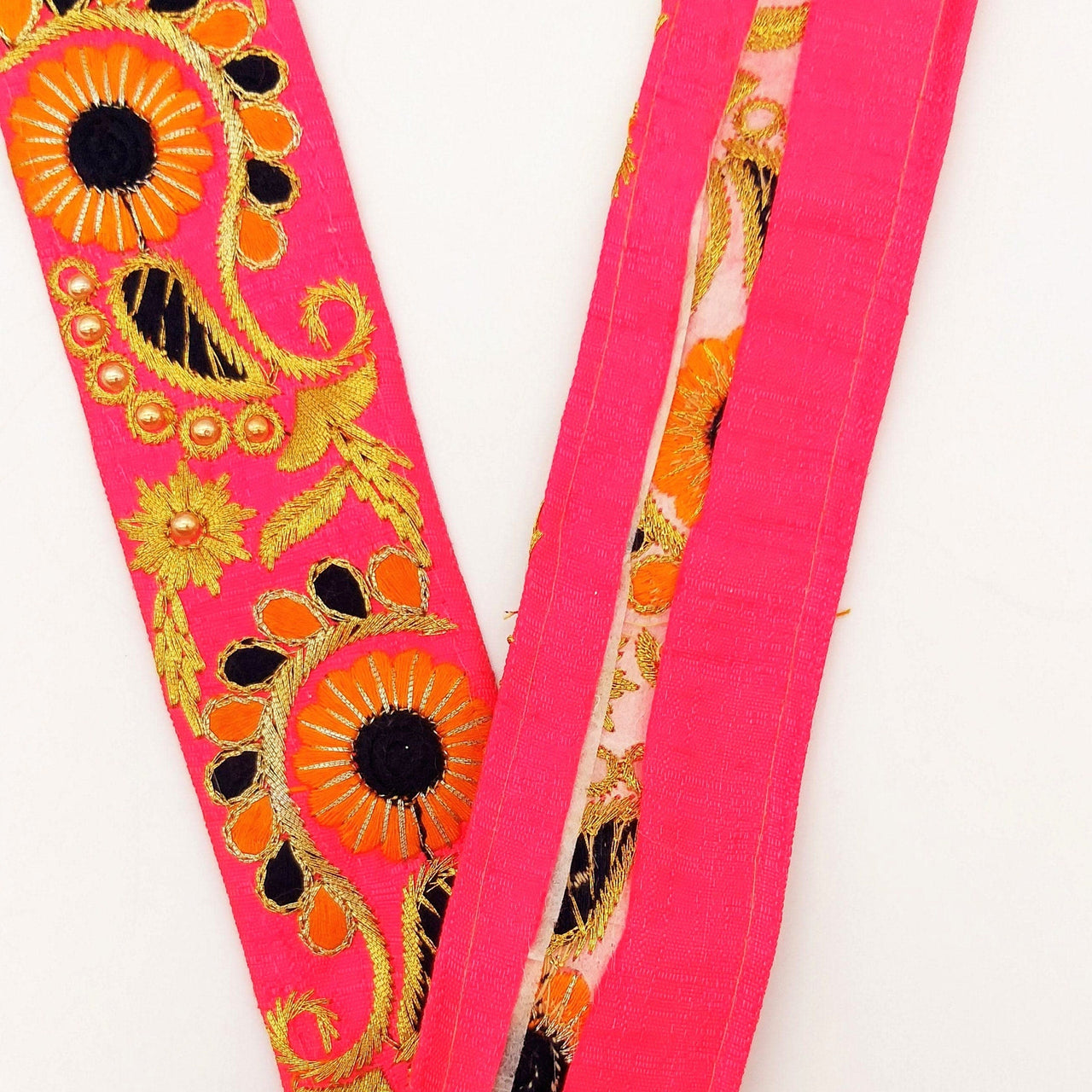 Pink Art Silk Lace Trim, Floral Embroidery in Orange, Black and Gold