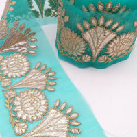 Thumbnail for Blue Tissue Fabric Lace Trim with Gota Patti Embroidery, Foiled Embroidery in Silver, Sari Border Trim By Yard Decorative Trim Craft Lace