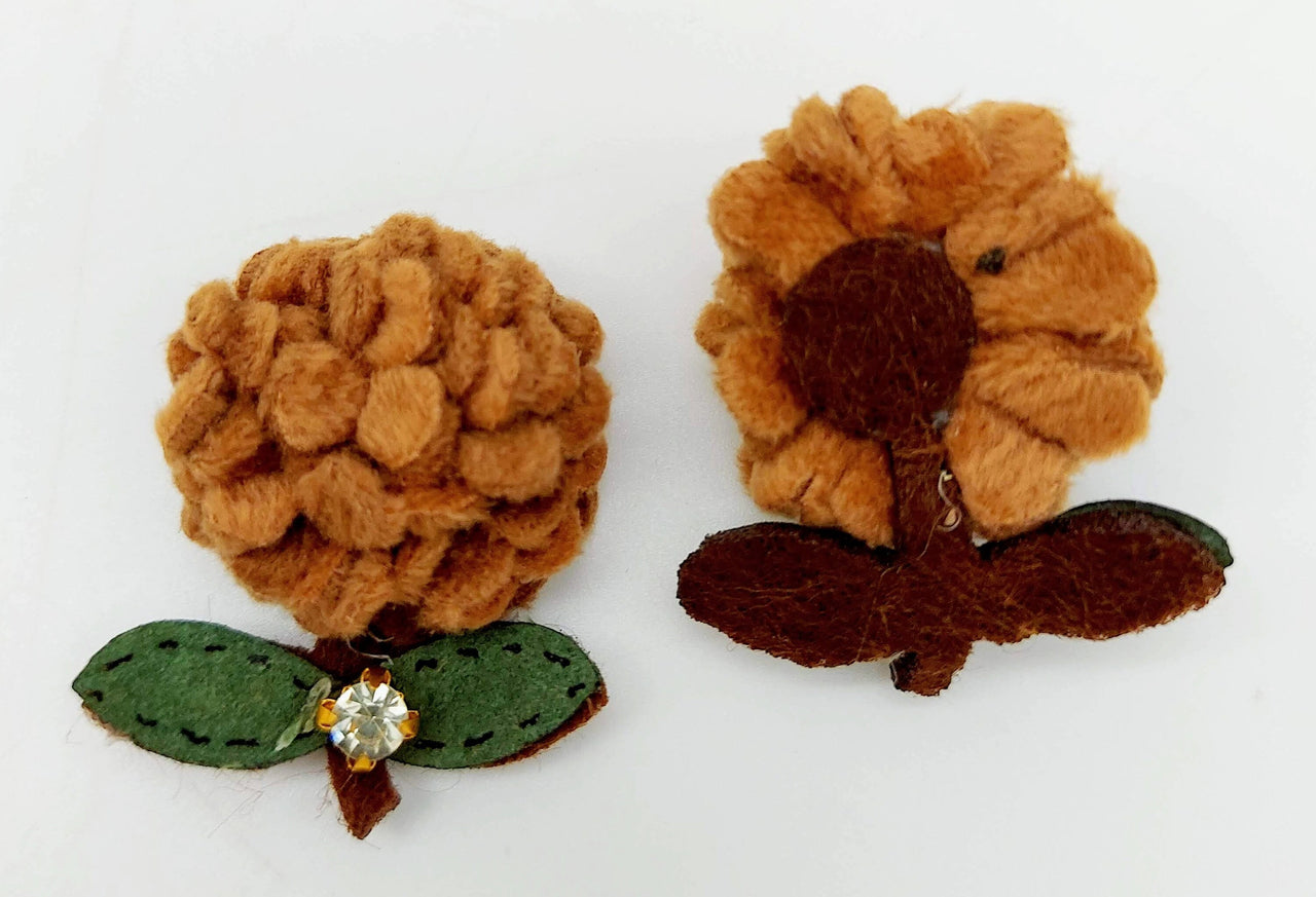 Brown and Green Floral Applique with Rhinestone, Flower Motifs x 2