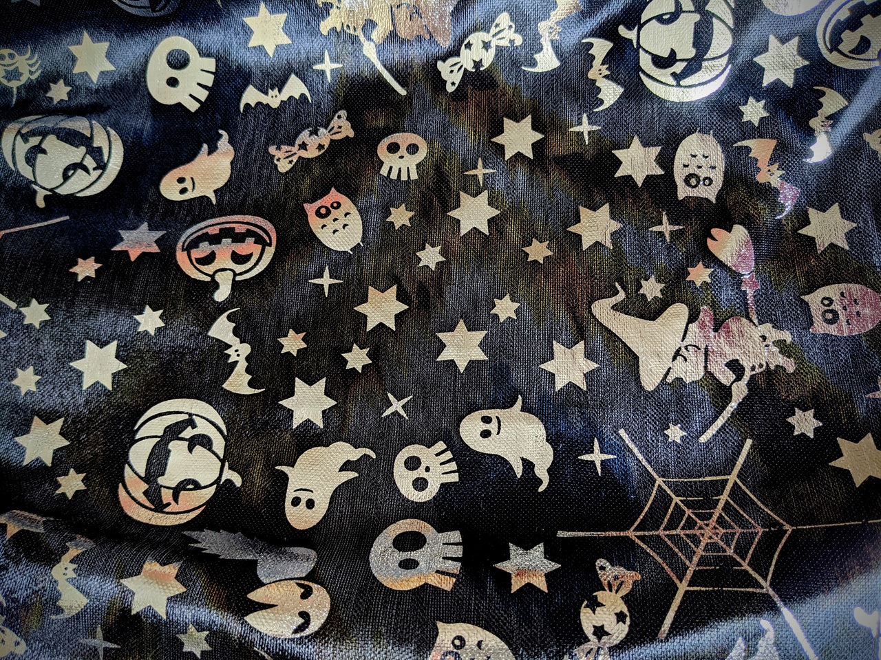 Black And Silver Halloween Pumpkin, Witch, Bats Foil Fabric