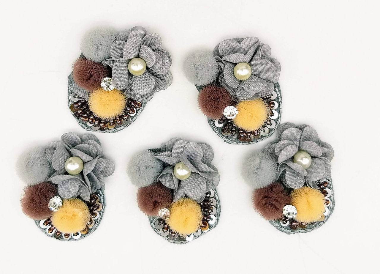 Hand Embroidered Grey, Yellow And Brown Floral Applique, 2 Pcs