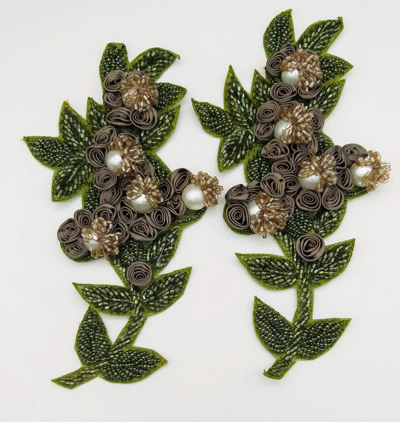 Olive Green and Brown Hand Embroidered Floral Applique, Beaded Floral Motif