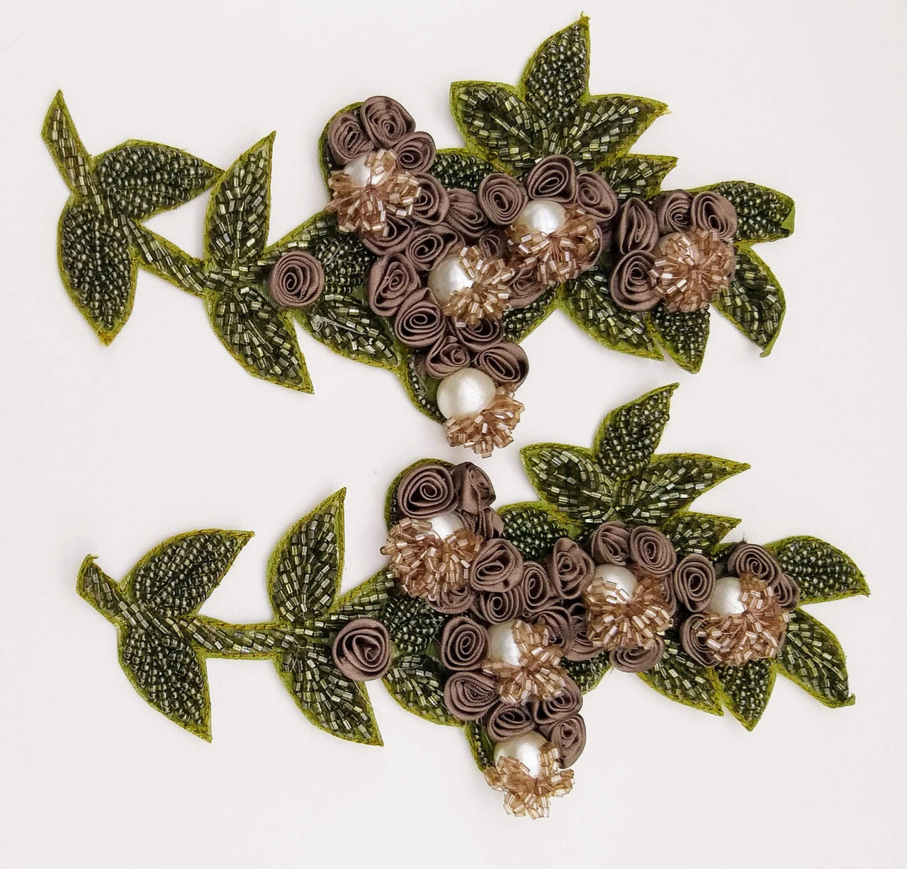 Olive Green and Brown Hand Embroidered Floral Applique, Beaded Floral Motif