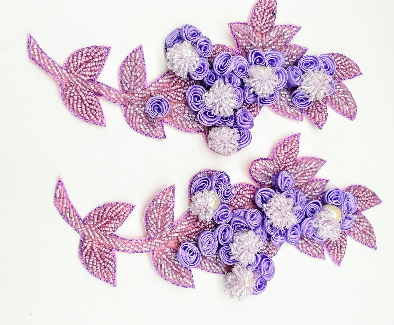 Lilac Purple Hand Embroidered Floral Applique, Beaded Floral Motif