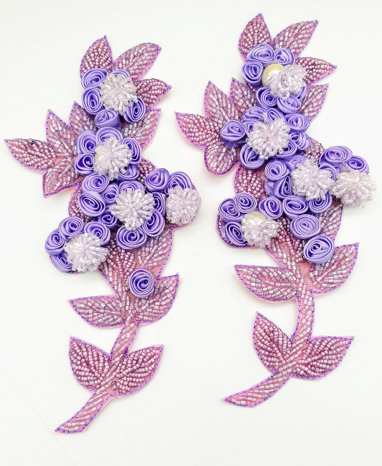 Lilac Purple Hand Embroidered Floral Applique, Beaded Floral Motif