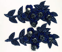 Thumbnail for Navy Blue Hand Embroidered Floral Applique, Beaded Floral Motif