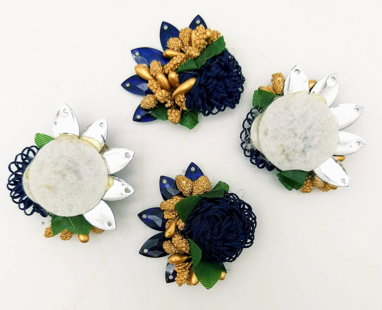 Handmade Navy Blue Floral Applique with Beads, Flower Motifs x 3