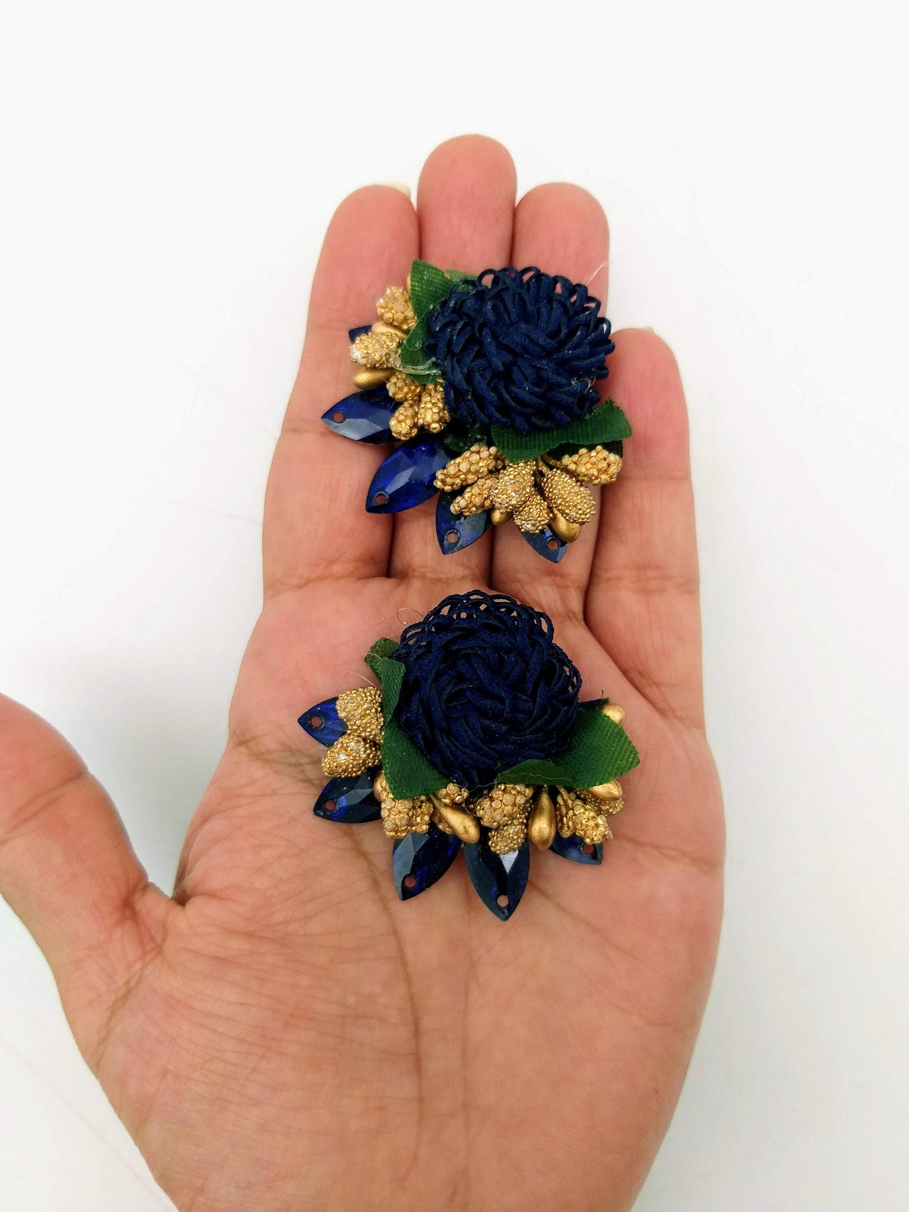 Handmade Navy Blue Floral Applique with Beads, Flower Motifs x 3