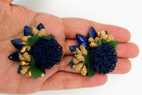 Thumbnail for Handmade Navy Blue Floral Applique with Beads, Flower Motifs x 3