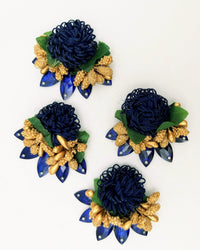 Thumbnail for Handmade Navy Blue Floral Applique with Beads, Flower Motifs x 3