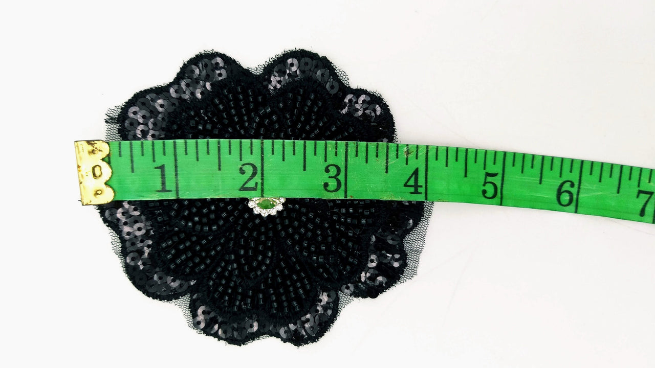 Black Hand Embroidered Floral Applique With Beads, Crochet Cut Dana Applique, Beaded Flower Motifs