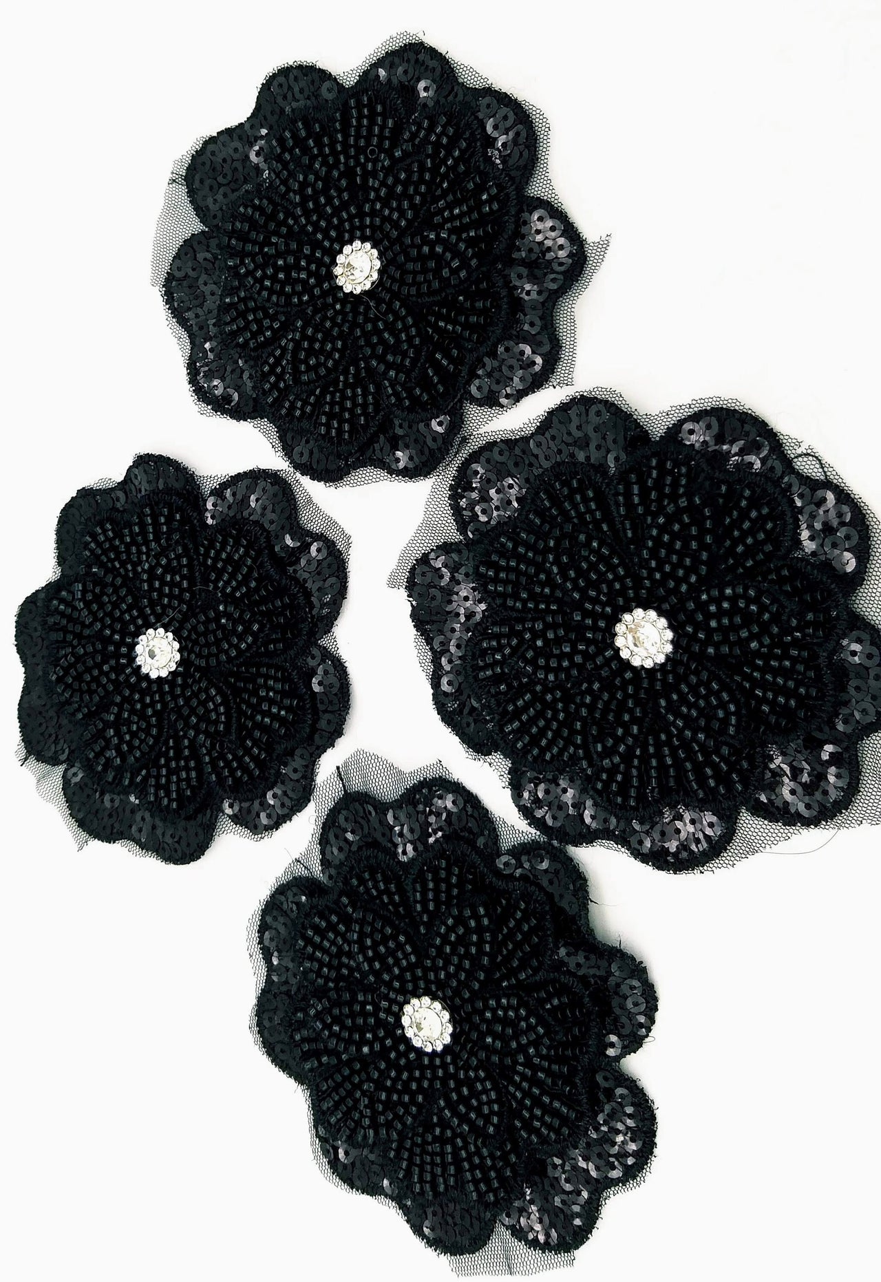 Black Hand Embroidered Floral Applique With Beads, Crochet Cut Dana Applique, Beaded Flower Motifs