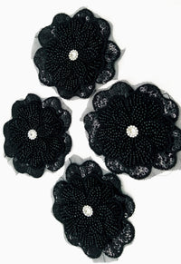 Thumbnail for Black Hand Embroidered Floral Applique With Beads, Crochet Cut Dana Applique, Beaded Flower Motifs