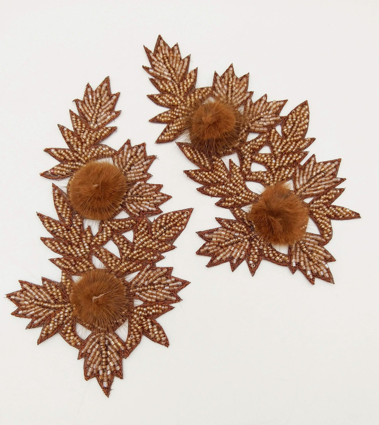 Brown Hand Embroidered Floral Applique, Beaded Floral Motif With Feather Pom Pom, 1 Pc