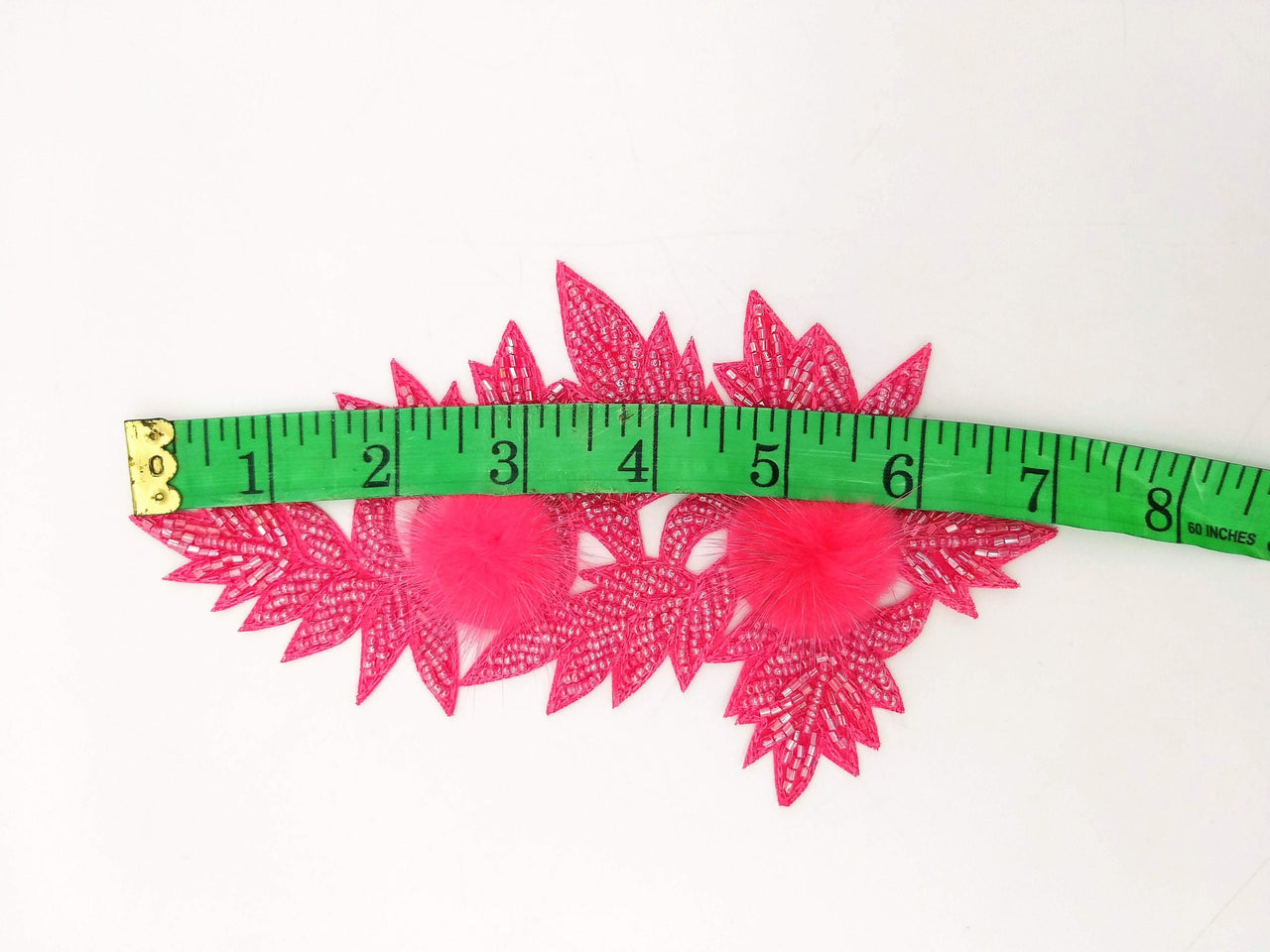 Neon Pink Hand Embroidered Floral Applique, Beaded Floral Motif With Feather Pom Pom, 1 Pc