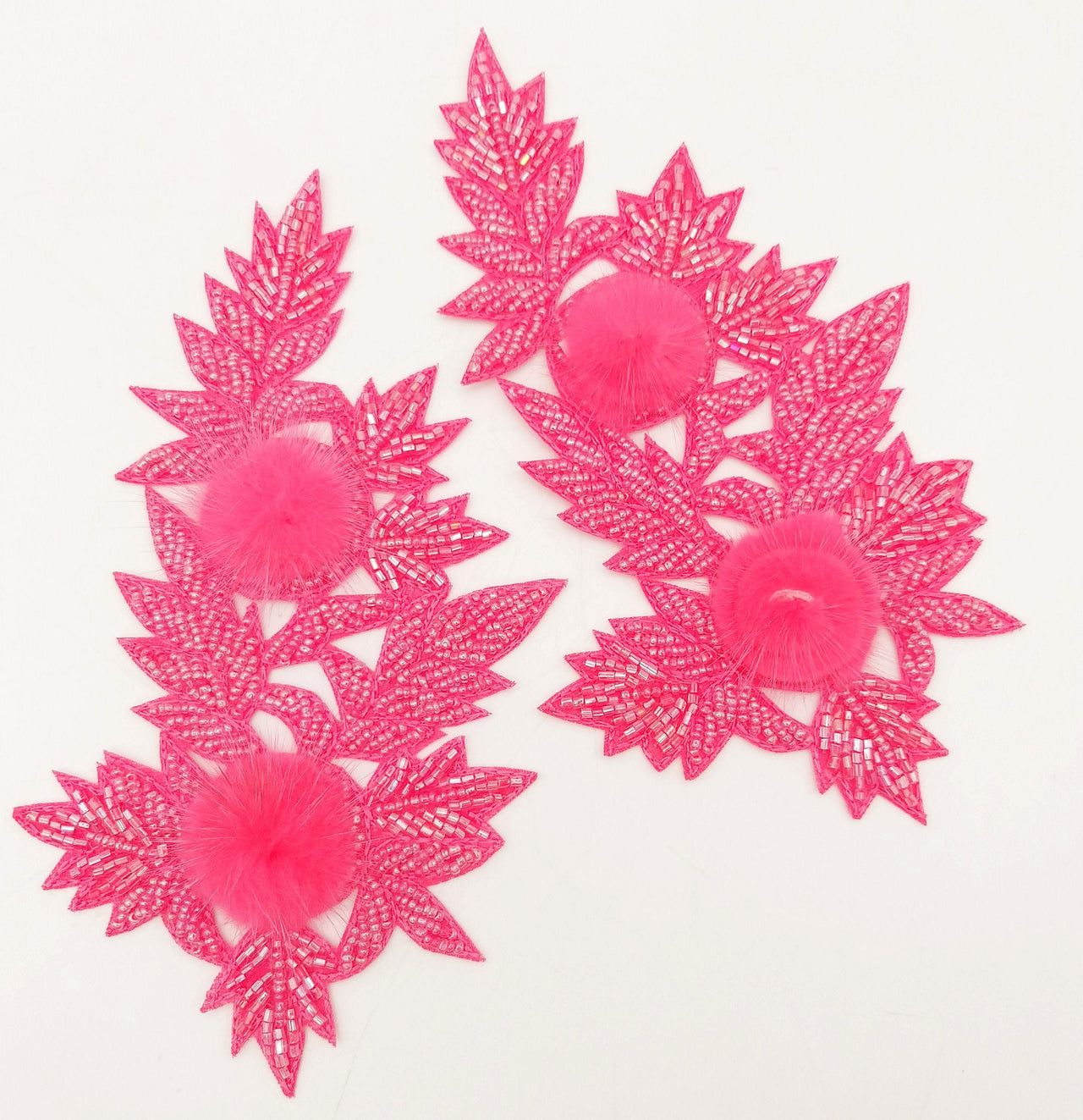 Neon Pink Hand Embroidered Floral Applique, Beaded Floral Motif With Feather Pom Pom, 1 Pc