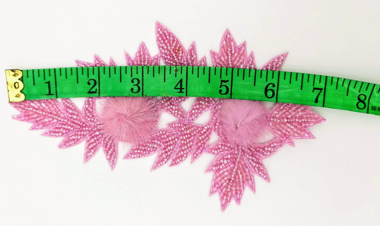 Pink Hand Embroidered Floral Applique, Beaded Floral Motif With Feather Pom Pom, 1 Pc