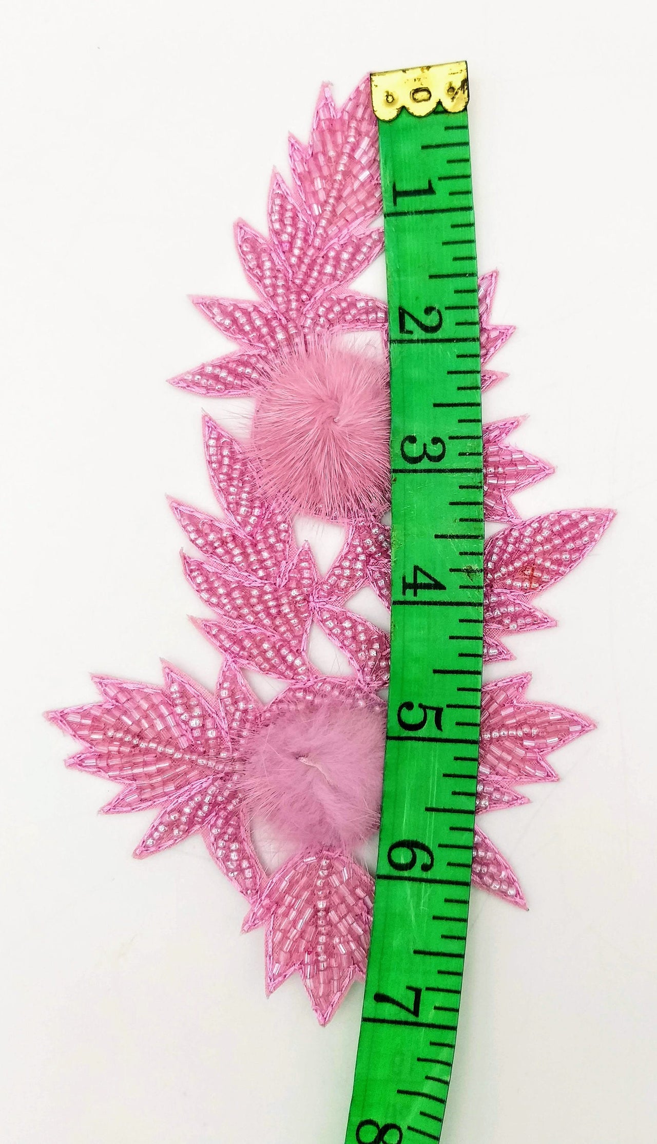 Pink Hand Embroidered Floral Applique, Beaded Floral Motif With Feather Pom Pom, 1 Pc