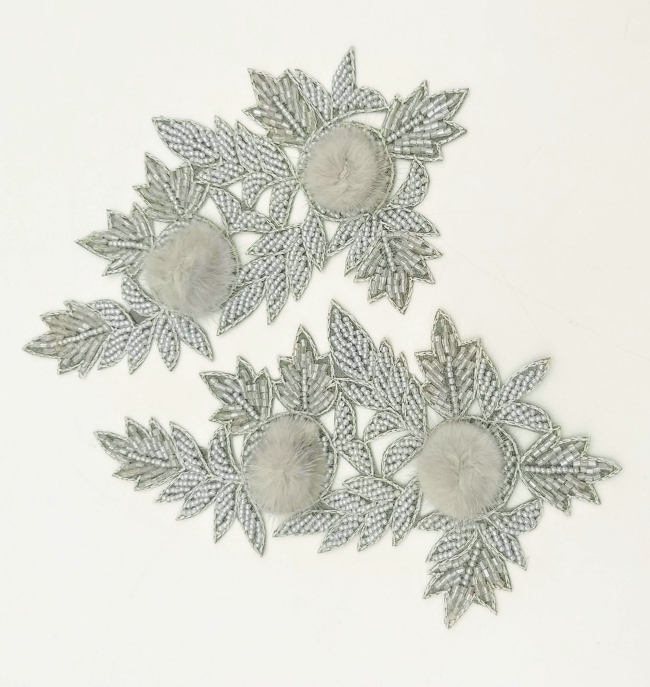 Grey Hand Embroidered Floral Applique, Beaded Floral Motif With Feather Pom Pom, 1 Pc