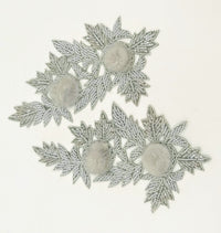 Thumbnail for Grey Hand Embroidered Floral Applique, Beaded Floral Motif With Feather Pom Pom, 1 Pc