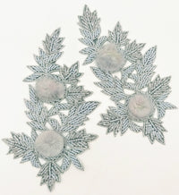 Thumbnail for Grey Hand Embroidered Floral Applique, Beaded Floral Motif With Feather Pom Pom, 1 Pc