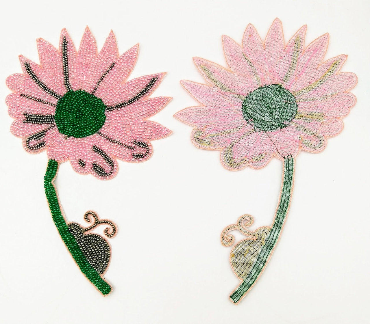 Hand Embroidered Pink and Green Floral Applique With Snail, Beaded Applique, 1 Piece