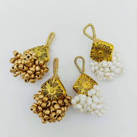Thumbnail for Gold Engraved Diamond Charm With Flatback Off White Beaded Tassels Latkan, Indian Latkans, Gold And Off White Beaded Danglers