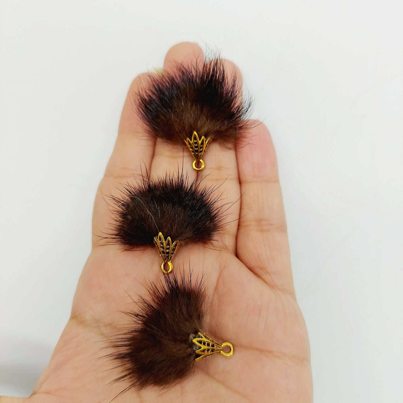 Brown Artificial Feather Fur Tassel With Brass Cap in Antique Gold Colour, Tassel Charms x 2