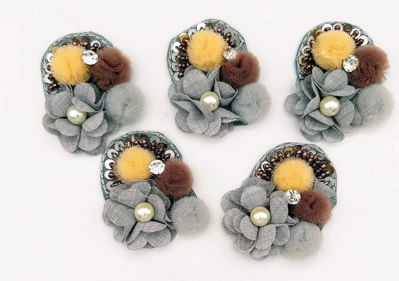 Hand Embroidered Grey, Yellow And Brown Floral Applique, 2 Pcs