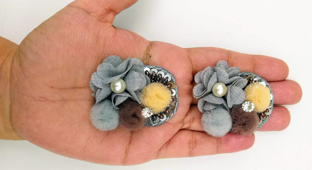 Hand Embroidered Grey, Yellow And Brown Floral Applique, 2 Pcs