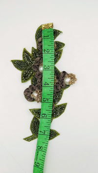 Thumbnail for Olive Green and Brown Hand Embroidered Floral Applique, Beaded Floral Motif