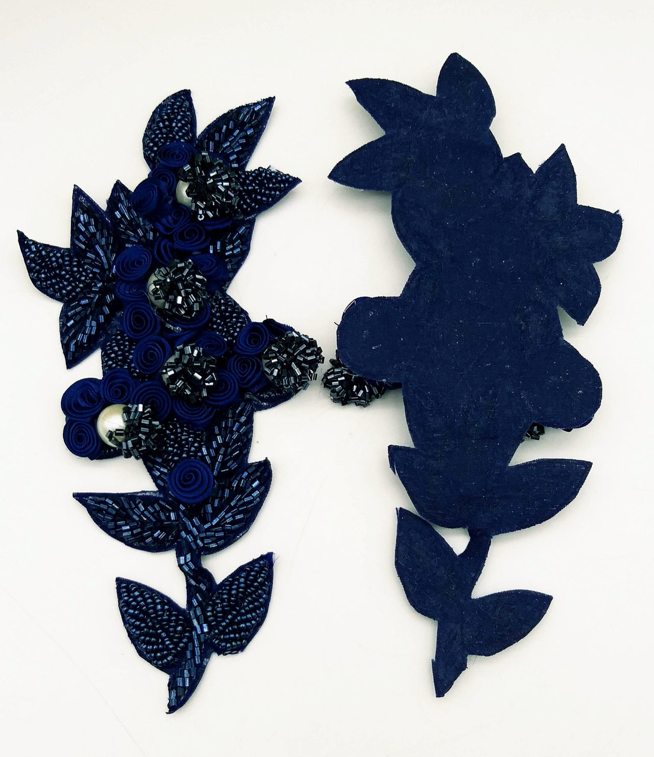 Navy Blue Hand Embroidered Floral Applique, Beaded Floral Motif