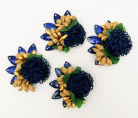 Thumbnail for Handmade Navy Blue Floral Applique with Beads, Flower Motifs x 3