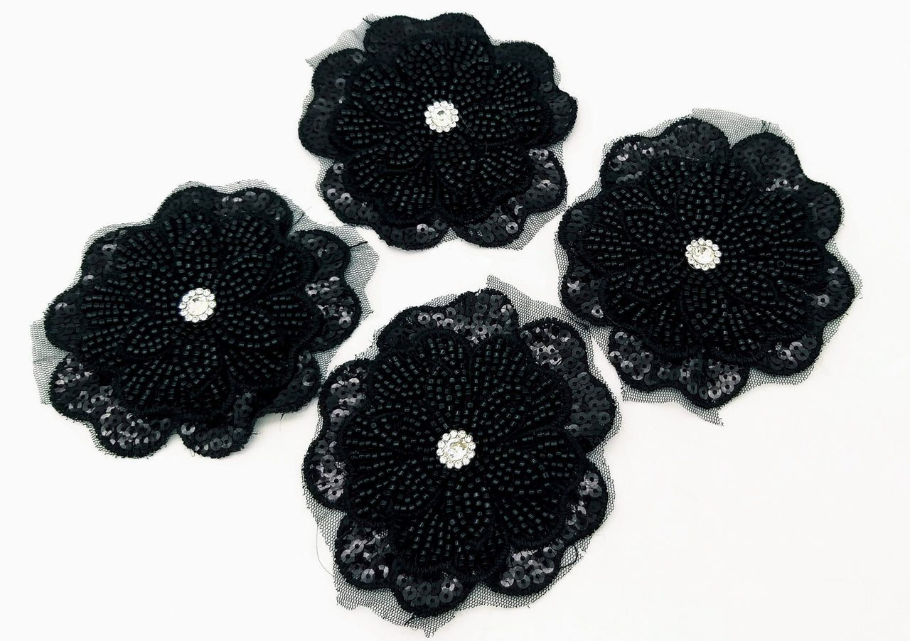 Black Hand Embroidered Floral Applique With Beads, Crochet Cut Dana Applique, Beaded Flower Motifs