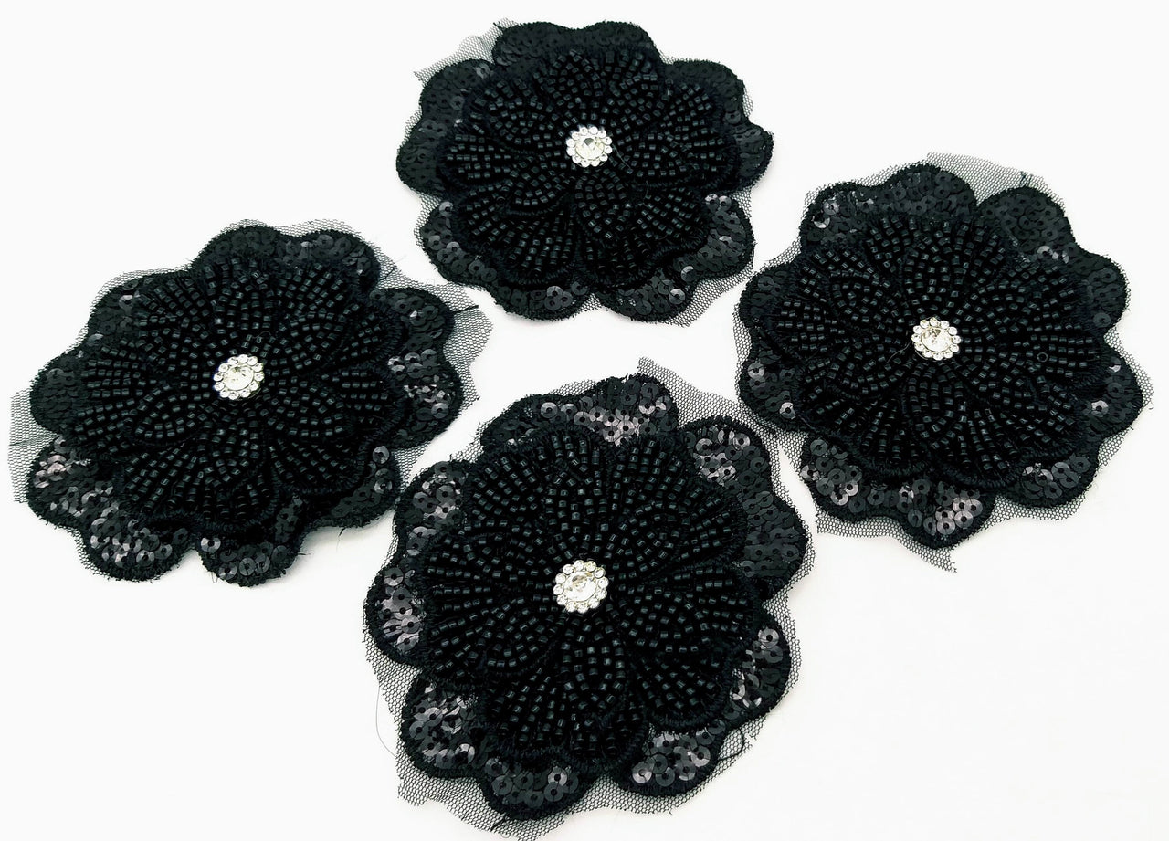 Black Hand Embroidered Floral Applique With Beads, Crochet Cut Dana Applique, Beaded Flower Motifs