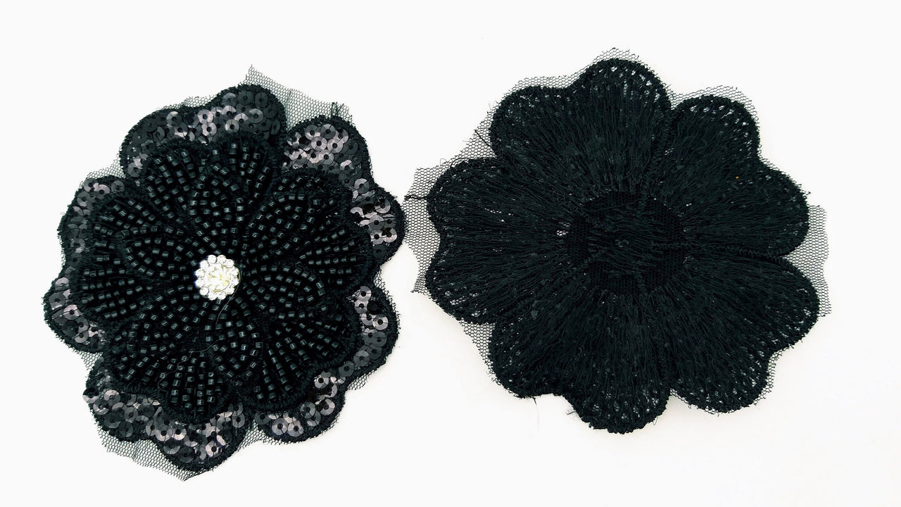 Black Hand Embroidered Floral Applique With Beads, Crochet Cut Dana Applique, Beaded Flower Motifs