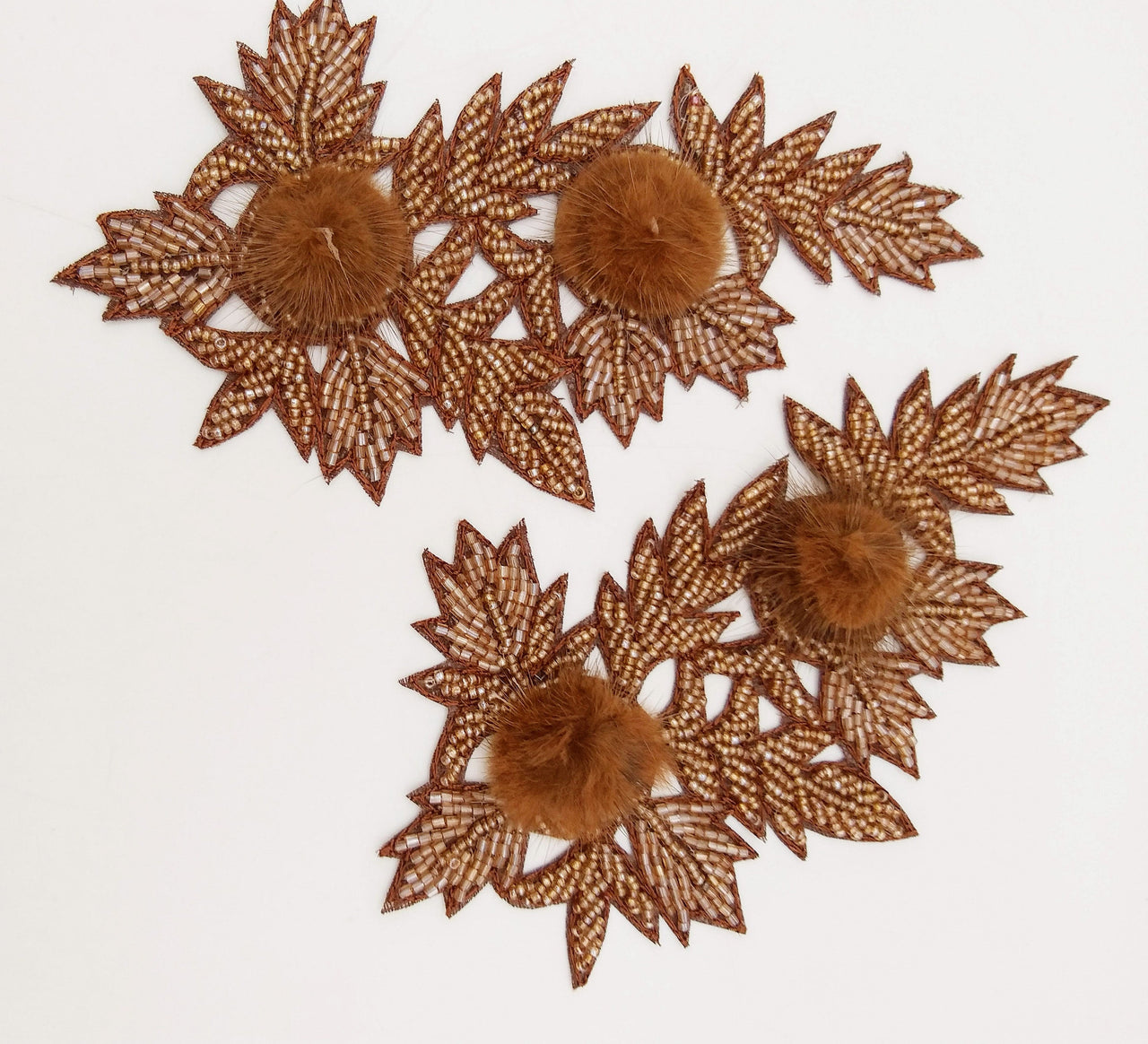 Brown Hand Embroidered Floral Applique, Beaded Floral Motif With Feather Pom Pom, 1 Pc