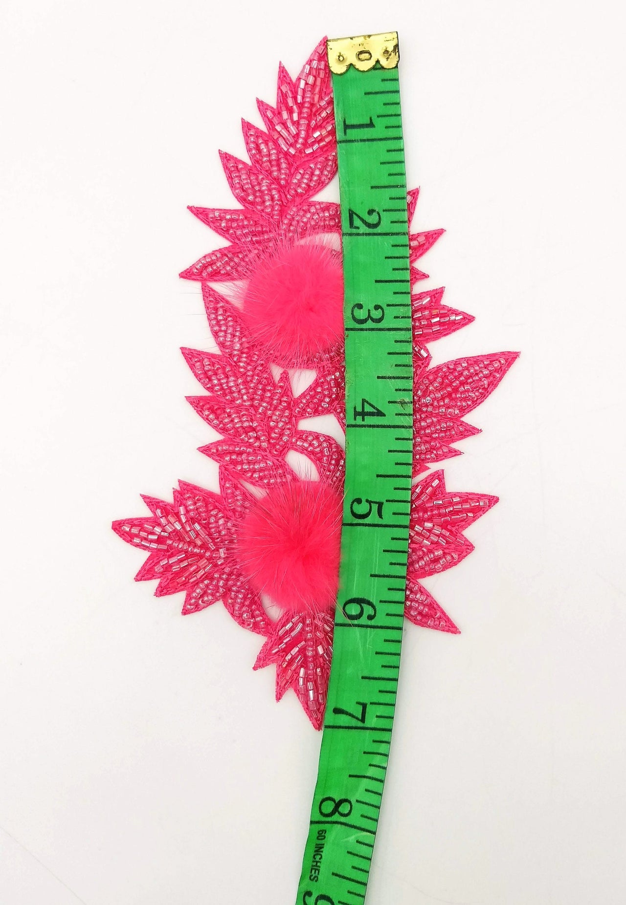 Neon Pink Hand Embroidered Floral Applique, Beaded Floral Motif With Feather Pom Pom, 1 Pc