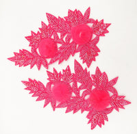 Thumbnail for Neon Pink Hand Embroidered Floral Applique, Beaded Floral Motif With Feather Pom Pom, 1 Pc