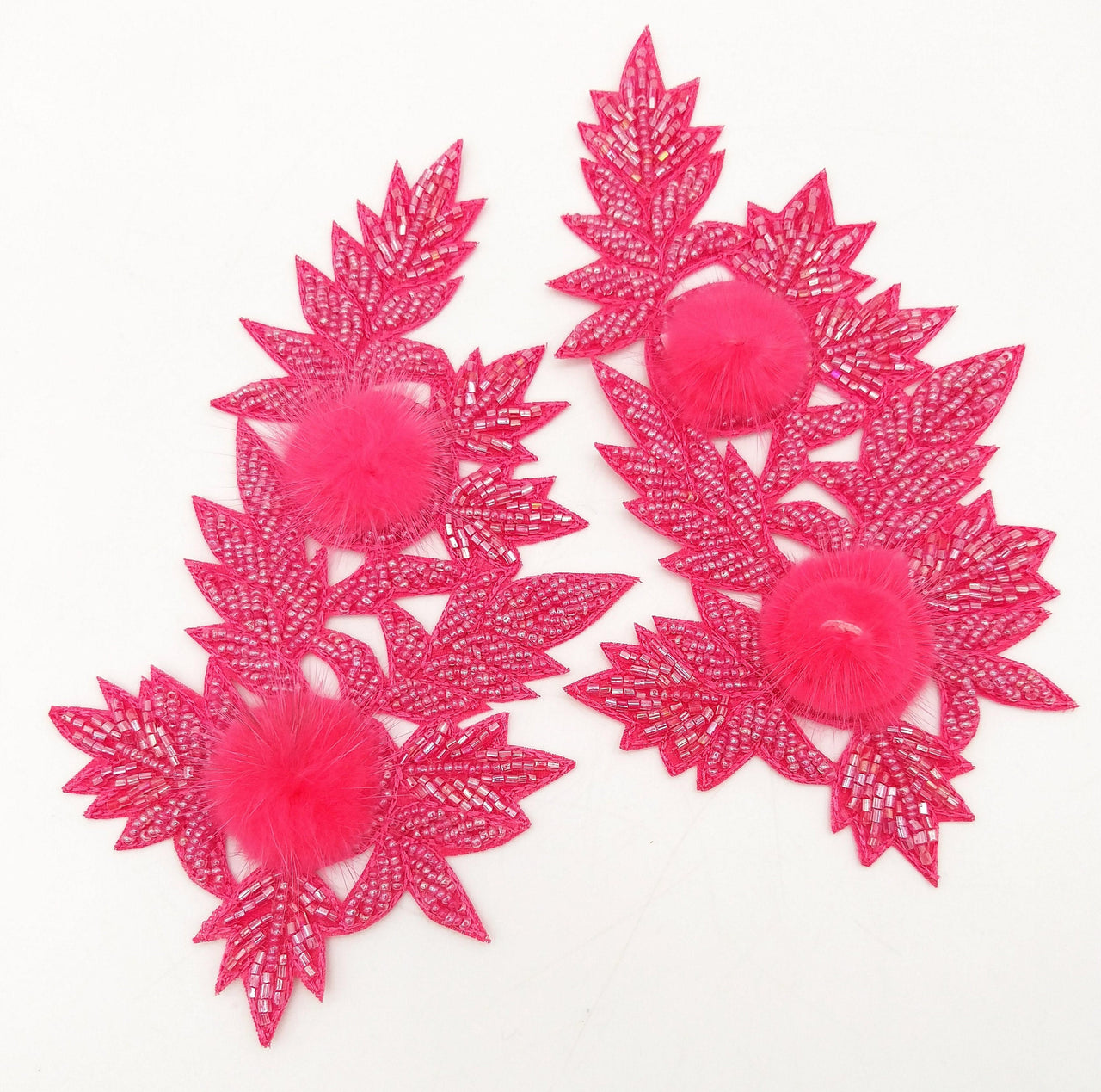 Neon Pink Hand Embroidered Floral Applique, Beaded Floral Motif With Feather Pom Pom, 1 Pc