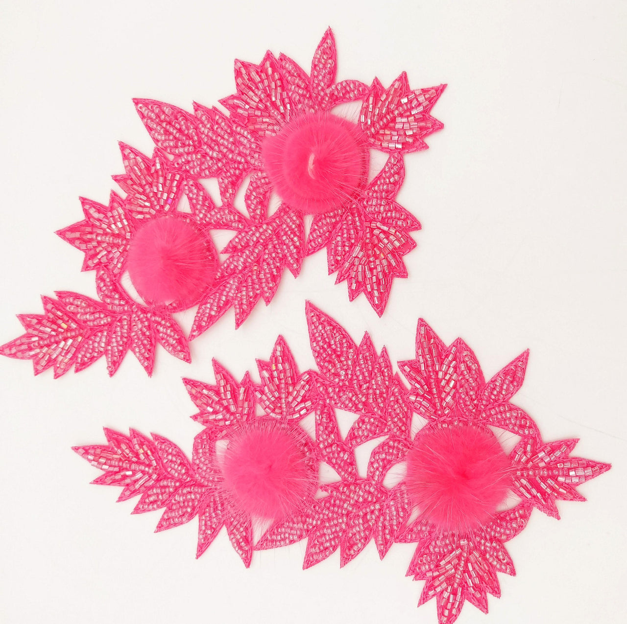 Neon Pink Hand Embroidered Floral Applique, Beaded Floral Motif With Feather Pom Pom, 1 Pc