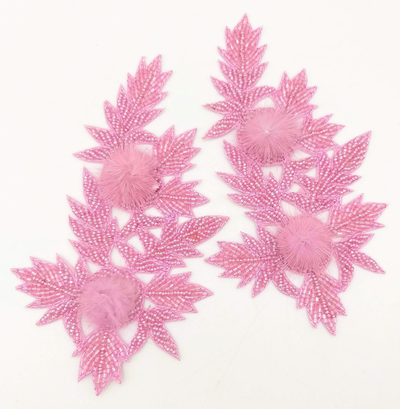 Pink Hand Embroidered Floral Applique, Beaded Floral Motif With Feather Pom Pom, 1 Pc