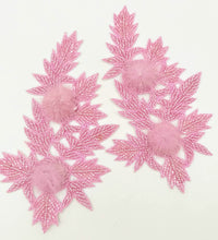 Thumbnail for Pink Hand Embroidered Floral Applique, Beaded Floral Motif With Feather Pom Pom, 1 Pc