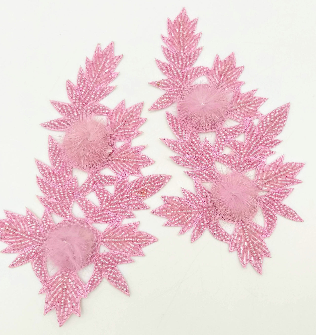 Pink Hand Embroidered Floral Applique, Beaded Floral Motif With Feather Pom Pom, 1 Pc