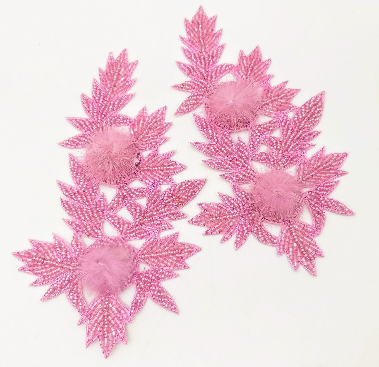 Pink Hand Embroidered Floral Applique, Beaded Floral Motif With Feather Pom Pom, 1 Pc