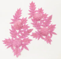 Thumbnail for Pink Hand Embroidered Floral Applique, Beaded Floral Motif With Feather Pom Pom, 1 Pc