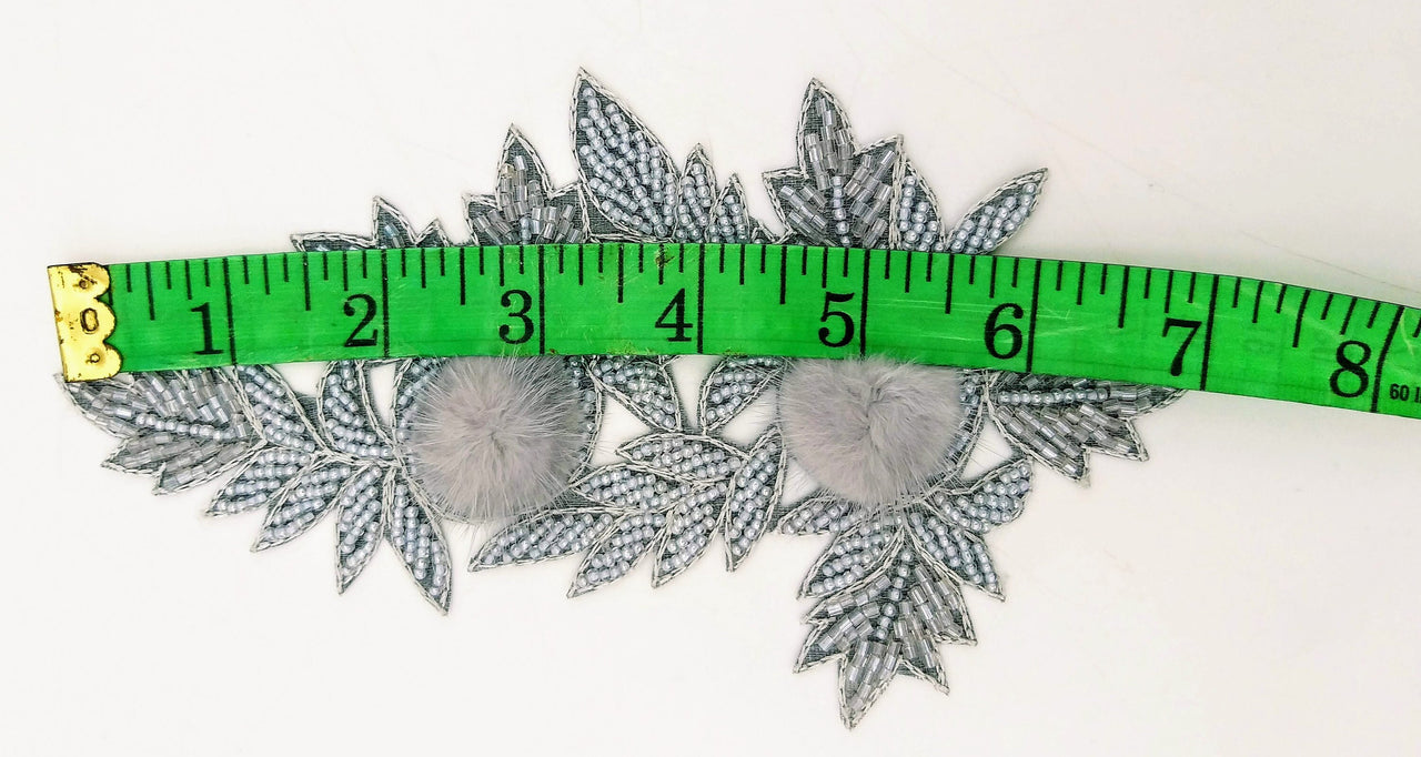 Grey Hand Embroidered Floral Applique, Beaded Floral Motif With Feather Pom Pom, 1 Pc